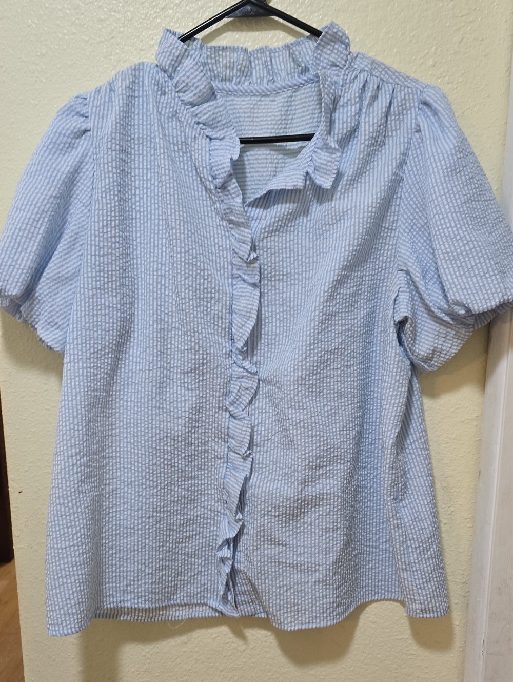 Light Blue Ruffle-Trim Seersucker Top